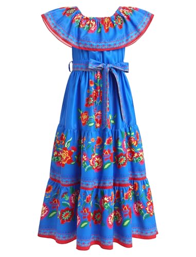 Girls Mexican Dress Spring Summer Off-Shoulder Ruffle Traditional Folk Maxi Dress Belted Cinco De Mayo Fiesta Sundress