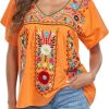 Women's Mexican V Neck Top Peasant Embroidered Blouse Traditional Summer Short Sleeve Shirt