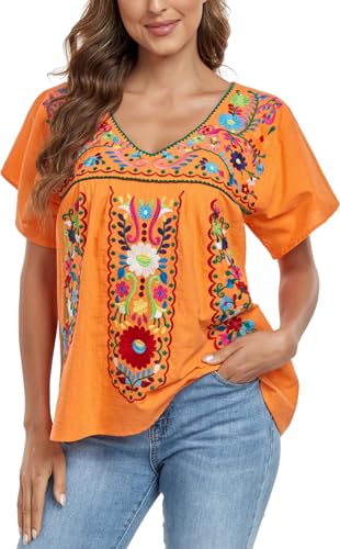 Women's Mexican V Neck Top Peasant Embroidered Blouse Traditional Summer Short Sleeve Shirt