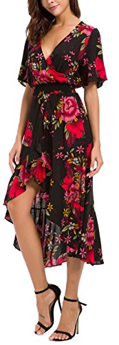 Womens Short Sleeve Floral Maxi Dress High Low V-Neck Flowy Party Long Dresses