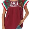 Women Mexican Embroidered Lace Traditional Colorful Blouse Tricolor Top Mexican Independence Day Shirt