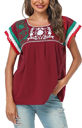 Women Mexican Embroidered Lace Traditional Colorful Blouse Tricolor Top Mexican Independence Day Shirt