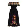 Women's Mexican Floral Dress Traditional Off Shoulder Flower Print Smocked Cinco De Mayo Midi Dress