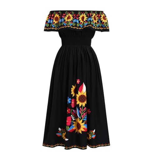 Women's Mexican Floral Dress Traditional Off Shoulder Flower Print Smocked Cinco De Mayo Midi Dress