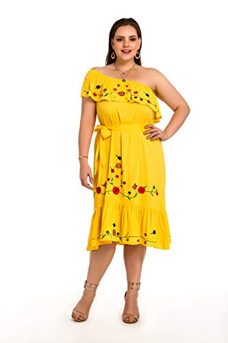 851 - Plus Size Embroidered Off Shoulder Mexican Hawaii Floral Summer Sun Dress