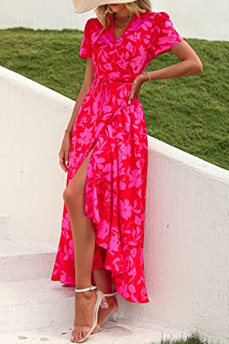 Women's Summer Maxi Dress Casual Wrap Floral Boho Short Sleeve V Neck Split Ruffle Beach Long Dresses