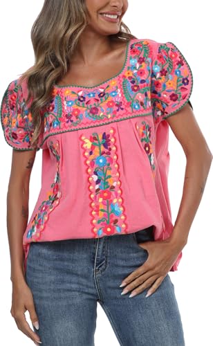 Mexican Shirts for Women Embroidered Tops Traditional Peasant Summer Tunic Blouse