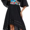 Women's Mexican Dress Casual Floral Embroidered V Neck Flowy 3/4 Sleeve Beach Sundress Cocktail Dress