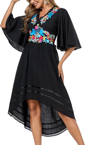 Women's Mexican Dress Casual Floral Embroidered V Neck Flowy 3/4 Sleeve Beach Sundress Cocktail Dress