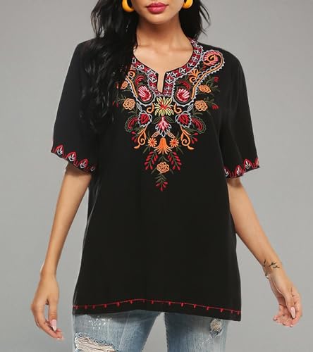 Mexican Embroidered Tops for Women Bohemian Peasant Shirts Boho Tunic Traditional Clothes Floral Fiesta Blouse