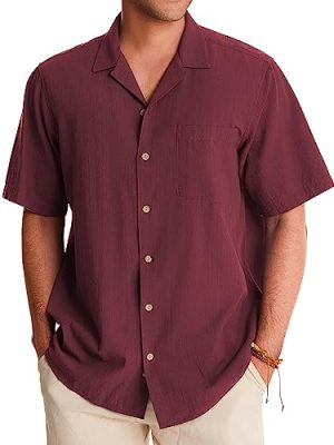 Cuban Linen Shirts for Men Short Sleeve Button Down Shirt Cotton Summer Beach Camp Vacation Hawaiian Shirts