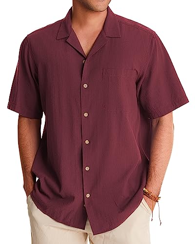Cuban Linen Shirts for Men Short Sleeve Button Down Shirt Cotton Summer Beach Camp Vacation Hawaiian Shirts