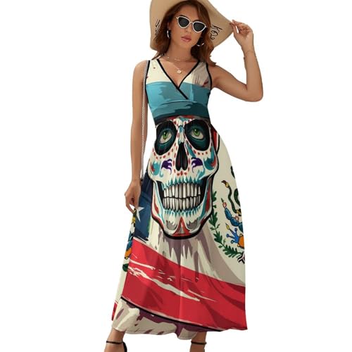 Mexican American Flag Skull Womens Casual Sleeveless Dress Maxi Long Beach Dress Sundress