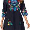 Women Embroidered Mexican V Neck Floral Dress Long Sleeve Floral Traditional Bohemian Dress
