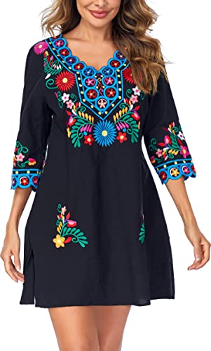 Women Embroidered Mexican V Neck Floral Dress Long Sleeve Floral Traditional Bohemian Dress