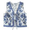 Women's Floral Bow Tie Front Tops V Neck Sleeveless Crop Boho Country Concert Vest Top