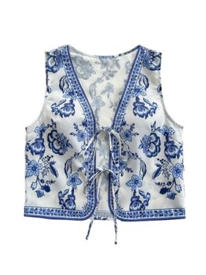 Women's Floral Bow Tie Front Tops V Neck Sleeveless Crop Boho Country Concert Vest Top