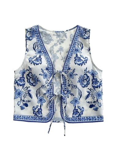 Women's Floral Bow Tie Front Tops V Neck Sleeveless Crop Boho Country Concert Vest Top