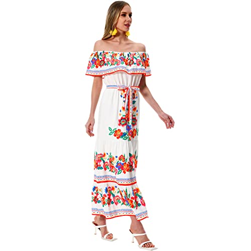 Mexican Dress for Women Off Shoulder Floral Print Maxi Dress Summer Party Casual Sundress Dresses