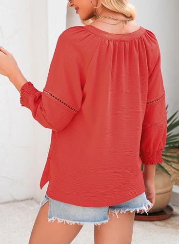 Womens 3/4 Sleeve Tops Pleated Business Casual Outifits V Neck Blouses Office Loose Shirts