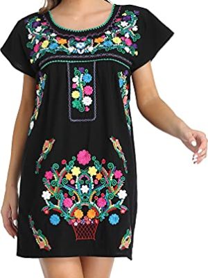 Women Embroidered Lace Short Sleeve Dress Peasant Maxi Boho Dress