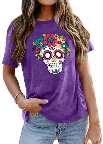 Dia De Los Muertos Shirt for Women Sugar Skull Tshirts Day of Dead T-Shirts Skull Graphic Tops