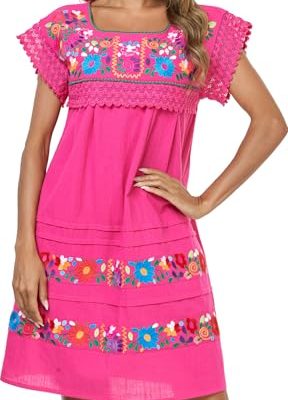 Women Embroidered Mexican Peasent Lace Short Sleeves Dress