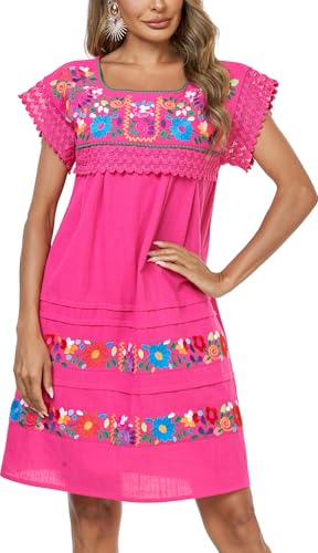 Women Embroidered Mexican Peasent Lace Short Sleeves Dress