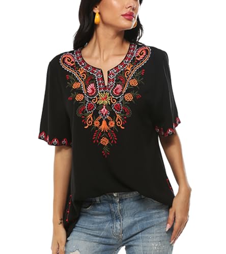 Mexican Embroidered Tops for Women Bohemian Peasant Shirts Boho Tunic Traditional Clothes Floral Fiesta Blouse