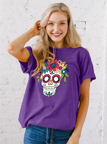 Dia De Los Muertos Shirt for Women Sugar Skull Tshirts Day of Dead T-Shirts Skull Graphic Tops