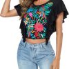 2025 Women's Embroidered Tops Boho Mexican Shirt Sexy Floral Ruffle Short Sleeve Backless Going Out Crop Tunics Top