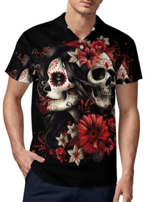 Mexican Day of The Dead Women Goth Novelty Golf Shirt Polo Shirts Short Sleeve for Men Casual Tops with Pocket