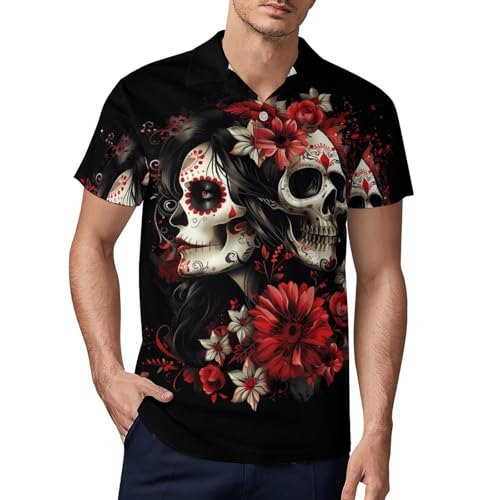Mexican Day of The Dead Women Goth Novelty Golf Shirt Polo Shirts Short Sleeve for Men Casual Tops with Pocket