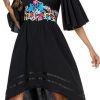 Women's Mexican Dress Casual Floral Embroidered V Neck Flowy 3/4 Sleeve Beach Sundress Cocktail Dress