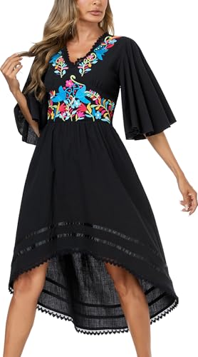 Women's Mexican Dress Casual Floral Embroidered V Neck Flowy 3/4 Sleeve Beach Sundress Cocktail Dress