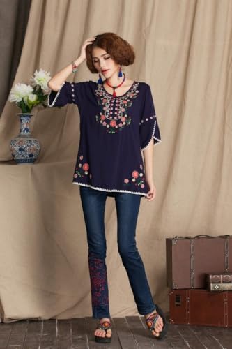 Mexican Shirts Peasant Blouses Cotton Embroidered 3/4 Sleeve Bohemian Tops Boho Clothes for Women Summer Fiesta