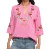 Women's V Neck Casual Summer Blouse, Boho Embroidered Mexican Peasant Tops Short Sleeve Shirts Casual Blouse Loose Tunics