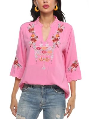 Women's V Neck Casual Summer Blouse, Boho Embroidered Mexican Peasant Tops Short Sleeve Shirts Casual Blouse Loose Tunics