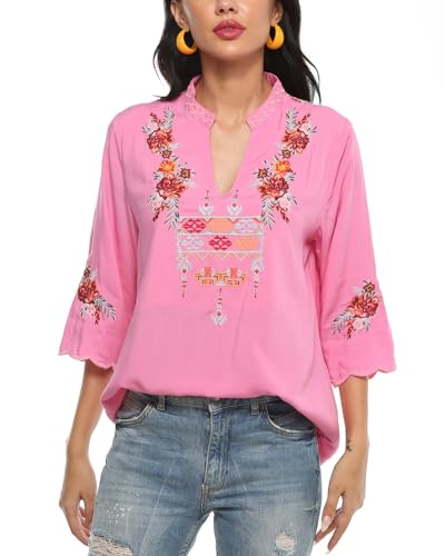 Women's V Neck Casual Summer Blouse, Boho Embroidered Mexican Peasant Tops Short Sleeve Shirts Casual Blouse Loose Tunics