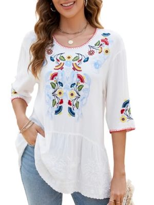 Women's Embroidered Tops 3/4 Sleeve Mexican Blouses Shirts Round Neck Dressy Tunics Peasant Tops Loose Fit