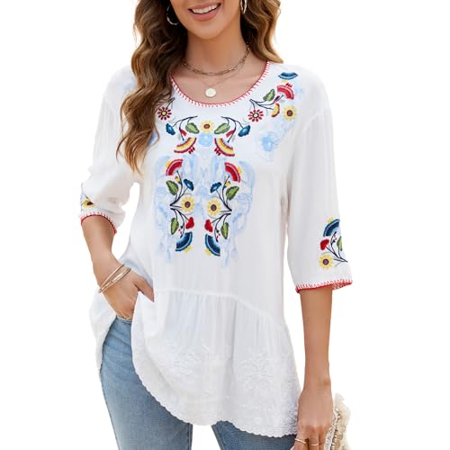 Women's Embroidered Tops 3/4 Sleeve Mexican Blouses Shirts Round Neck Dressy Tunics Peasant Tops Loose Fit