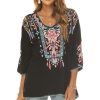 Women Mexican Embroidered Shirt for Women Bohemian Style Top Blouse 3/4 Sleeve Summer Casual Tunics