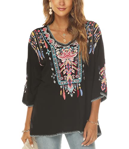 Women Mexican Embroidered Shirt for Women Bohemian Style Top Blouse 3/4 Sleeve Summer Casual Tunics