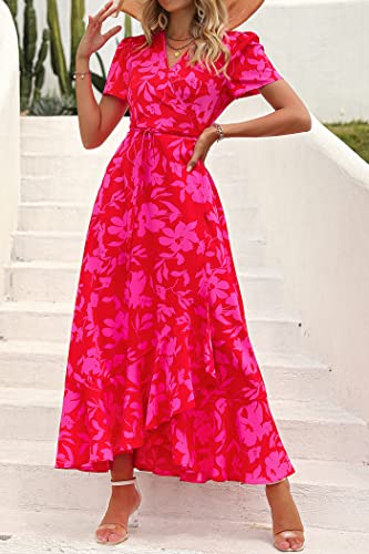 Women's Summer Maxi Dress Casual Wrap Floral Boho Short Sleeve V Neck Split Ruffle Beach Long Dresses