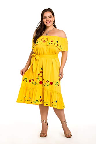 851 - Plus Size Embroidered Off Shoulder Mexican Hawaii Floral Summer Sun Dress