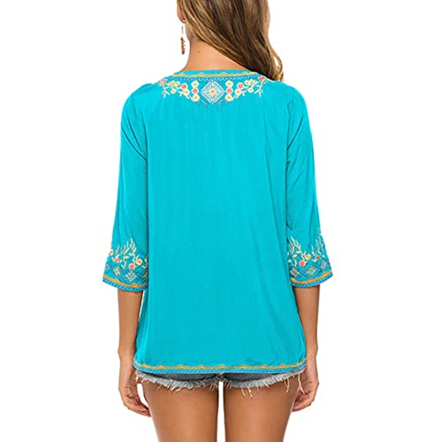 Women's Boho Embroidered Peasant Tops 3/4 Sleeve V Neck Mexican Bohemian Shirts Tunics Blouses
