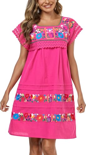 Women Embroidered Mexican Peasent Lace Short Sleeves Dress