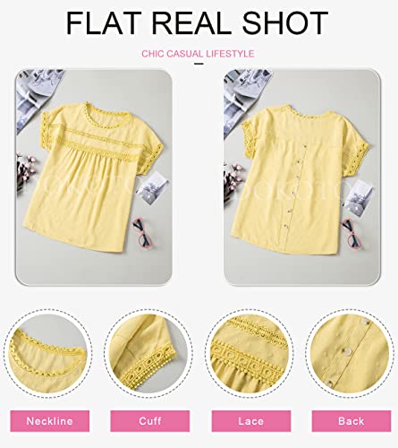 Womens Summer Tops Crewneck Lace Crochet Short Sleeve Shirts Casual Chiffon Blouses