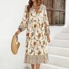 Womens Women's Long Sleeve Floral Print Retro V Neck Tassel Bohemian Midi Dresses