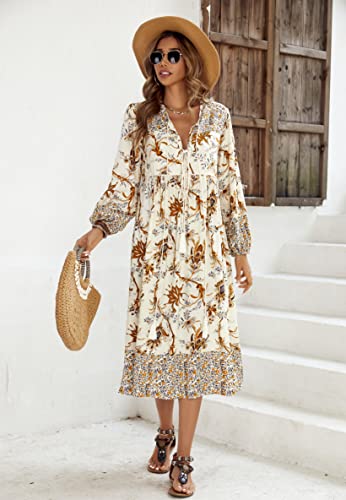 Womens Women's Long Sleeve Floral Print Retro V Neck Tassel Bohemian Midi Dresses
